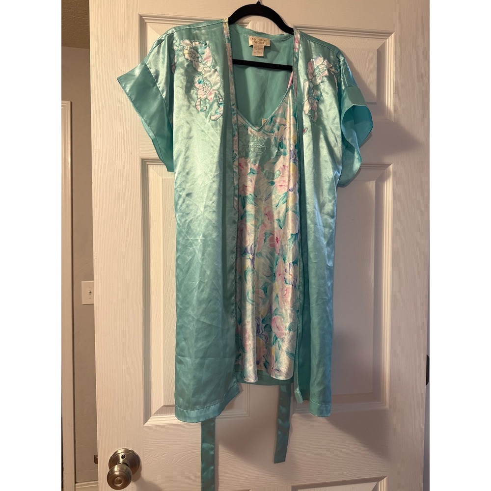 Victoria's Secret Robe Set Womens S Blue Floral Satin Chemise Nightgown Vintage